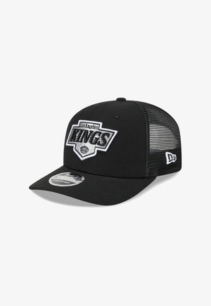 Gorra de béisbol negra de Los Angeles Kings con parte trasera de malla, logo bordado en el frente y logo de New Era en el lateral.