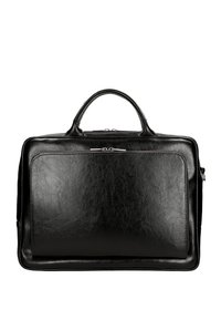 Černá kožená aktovka s hladkým povrchem, zipovým uzávěrem, dvojitými horními uchy a plochou přední kapsou pro organizaci.