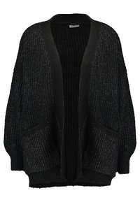 Svart stickad cardigan med avslappnad passform, ribbat mönster, öppen framsida och två framfickor. Accentuerad med en mjuk, enfärgad svart krage.