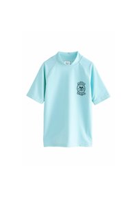 Lichtblauwe rash guard met korte mouwen, gemaakt van gladde, elastische stof. Heeft een zwarte schedelafbeelding met de tekst "SURFERS PARADISE" op de voorkant.