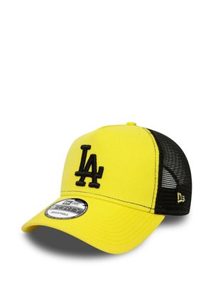 Gelbe und schwarze Baseballkappe aus Netzstoff mit schwarzem LA-Logo auf der Vorderseite und verstellbarem Riemen hinten.