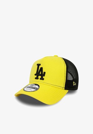 Gelbe und schwarze Baseballkappe aus Netzstoff mit schwarzem LA-Logo auf der Vorderseite und verstellbarem Riemen hinten.