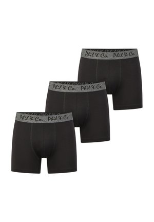 Black boxer briefs, three-pack, featuring a grey waistband with "Phil & Co." printed in black. Soft fabric with a fitted design.