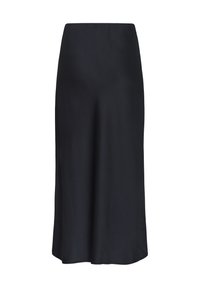 Črna svila midi krila z gladko teksturo, A-linijsko obliko in elastičnim pasom. Brez vidnih vzorcev ali okraskov.