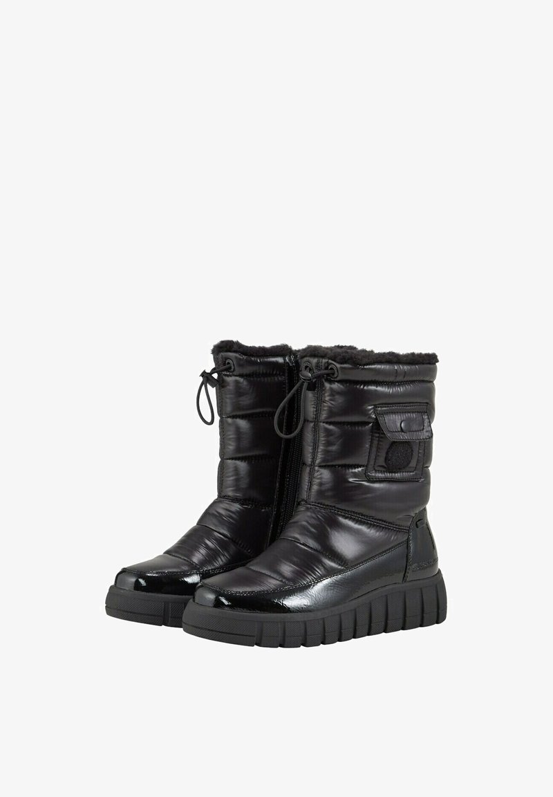 Bottines isolées noires avec une surface lisse et brillante, un design rembourré, une fermeture éclair latérale et une semelle en caoutchouc texturée pour une meilleure adhérence.