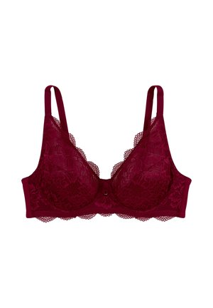 Soutien-gorge en dentelle d'un profond bourgogne avec des bords festonnés, des bonnets transparents et des bretelles réglables. Il présente un petit nœud décoratif au centre.