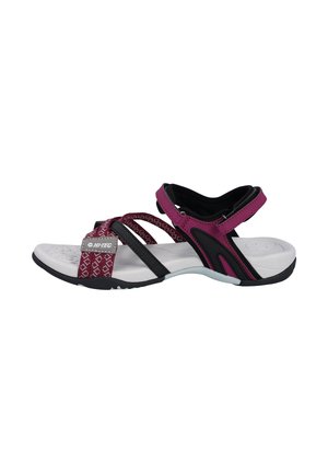 Women's outdoor sandal with maroon and black adjustable straps, white molded footbed, and black sole, designed for comfort and support.