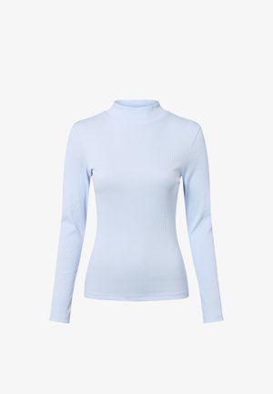 Helles blaues langärmliges Oberteil mit hohem Kragen, aus geripptem Stoff gefertigt, mit tailliertem Design und nahtlosen Bündchen.