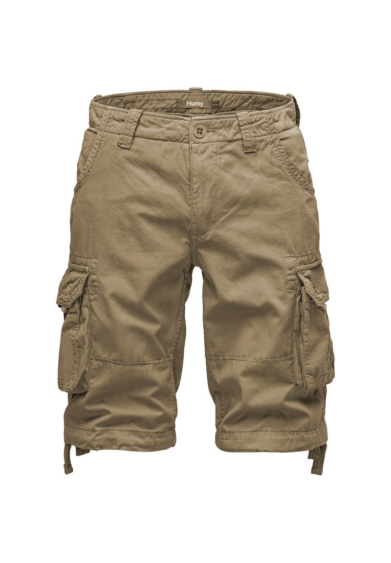 Khaki Cargo-Shorts aus leichtem Stoff. Verfügt über mehrere Seitentaschen, Gürtelschlaufen und verstellbare Kordeln an den Saumabschlüssen.