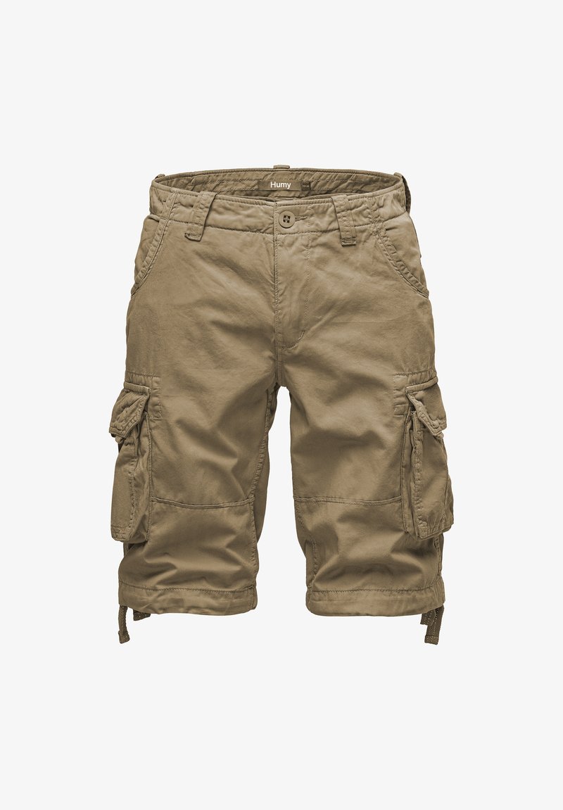 Khaki Cargo-Shorts aus leichtem Stoff. Verfügt über mehrere Seitentaschen, Gürtelschlaufen und verstellbare Kordeln an den Saumabschlüssen.