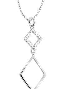Silverhänge med två diamantformade element; ett dekorerat med klara rhinstenar, det andra är enkelt med en öppen design.