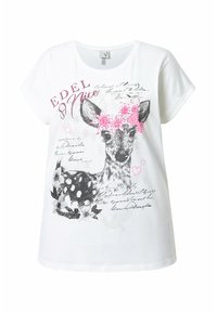 Camiseta de algodón blanca con una ilustración en blanco y negro de un ciervo con acentos rosas, detalles florales y el texto "EDEL Nice."