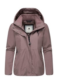 Chaqueta impermeable de color rosa claro con capucha, cremallera frontal y dos bolsillos laterales. Fabricada con tejido suave y cuenta con un cordón ajustable.