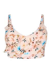 Blommig bralette i beige med volangdetalj. Har blå, rosa och gröna blommor på slät tyg, med justerbara axelband.