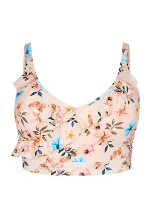 Cvjetni bralette u bež boji s naboranim detaljem. Sadrži plave, ružičaste i zelene cvjetove na glatkoj tkanini, s podesivim naramenicama.