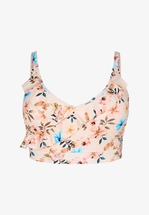 Beige bloemen bralette met een gerimpelde accent. Kenmerkt zich door blauwe, roze en groene bloemen op een soepele stof, met verstelbare schouderbanden.