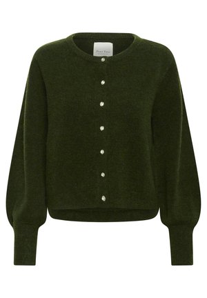 Mørkegrøn cardigan med lange ærmer, rund halsudskæring, syv perleagtige knapper foran samt ribstrikkede manchetter og kant.