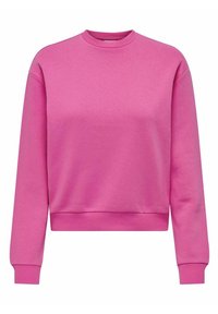 Sudadera fucsia confeccionada con una suave mezcla de algodón, que presenta un cuello redondo, mangas largas, puños de canalé y un dobladillo de canalé. Textura suave.