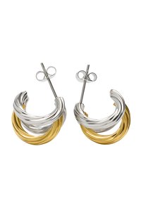 Srebrne i złote skręcone kolczyki w kształcie obręczy z błyszczącym wykończeniem, z okrągłym wzorem i bezpiecznym zapięciem na sztyft.