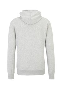 Felpa grigia con una texture morbida, dotata di cappuccio regolabile con coulisse, maniche lunghe e polsini e orlo a coste. Il design è semplice e classico.
