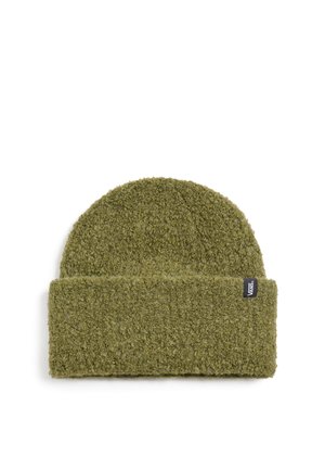 Ciemnozielona dzianinowa czapka z zagiętym brzegiem, wykonana z teksturowanej tkaniny. Posiada składany mankiet z małą metką logo z boku.