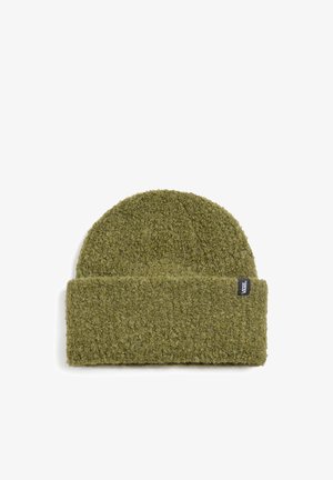 Ciemnozielona dzianinowa czapka z zagiętym brzegiem, wykonana z teksturowanej tkaniny. Posiada składany mankiet z małą metką logo z boku.