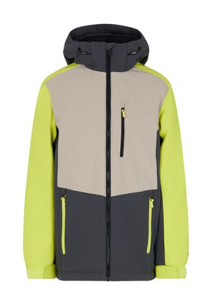 Skijack met een kleurblokontwerp in grijs, beige en neon geel. Textuurstof, ritszakken en verstelbare capuchon.