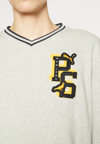 Grauer Pullover mit V-Ausschnitt, versehen mit einem schwarz-gelben Emblem mit Buchstaben und einem grafischen Design eines Vogels. Strukturierter Stoff mit Streifen.
