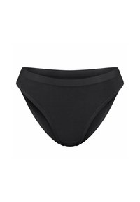 Schwarze Baumwollunterwäsche im Bikini-Stil mit einem weichen Bund, glatter Textur und nahtlosem Design, das einen klassischen Schnitt und keine sichtbaren Muster aufweist.