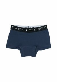 T tumma siniset puuvillabokserit, joissa on leveä musta vyötärönauha, jossa valkoisella tekstillä lukee "THE NEW." Sileä pinta, mukautuva muotoilu.