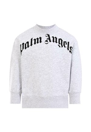 Felpa grigia con scollo rotondo, con un logo nero "Palm Angels" ben visibile sul petto. Tessuto morbido, vestibilità comoda, polsini a costine.
