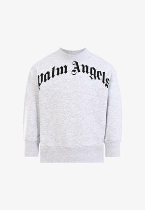 Szary sweatshirt z okrągłym dekoltem, z wyraźnym czarnym logo "Palm Angels" na piersi. Miękka tkanina, luźny krój, ściągacze przy mankietach.