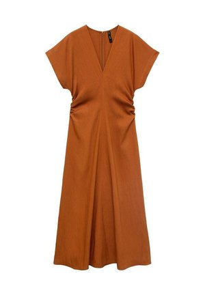Rust-colored dress with short sleeves, V-neckline, and gathered side details. Smooth fabric, ankle-length with a straight silhouette.