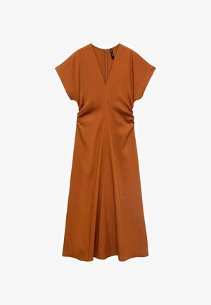 Rust-colored dress with short sleeves, V-neckline, and gathered side details. Smooth fabric, ankle-length with a straight silhouette.