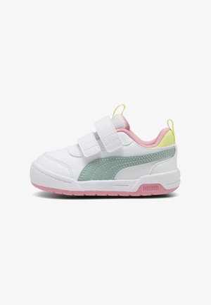 Valged tossud sinise-rohelise aktsendiga, roosa tallaga ja kahe Velcro rihmaga. Kiudvooder ja väike aas kandmisel mugavuse tagamiseks.