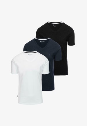 Tre v-hals t-shirts i hvid, marineblå og sort. Fremstillet af blød bomuld, med korte ærmer og et lille logo på venstre bryst.