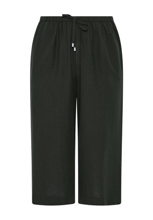 Schwarze, weit geschnittene, verkürzte Hose mit elastischem Bund und Kordelzug vorne, aus leichtem Stoff gefertigt.