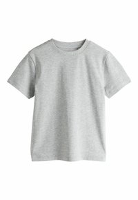 Maglietta grigia a maniche corte realizzata in tessuto misto cotone, con scollo rotondo e trama liscia. Nessun motivo o dettaglio aggiuntivo visibile.