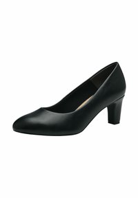 Svart lær høyhælte pumps med rund tå og chunky hæl. Glatt tekstur og minimalistisk design, ideell for formell bruk.