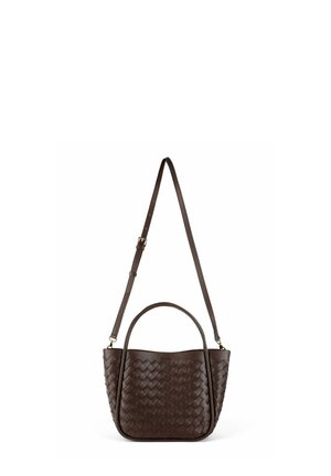 Brown woven leather handbag with a rounded shape, dual handles, and a removable shoulder strap. Features a smooth texture and minimalist design.