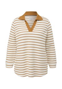 Striped long-sleeve polo shirt in cream and brown. Features a v-neck, solid collar, and soft, ribbed texture. Relaxed fit.