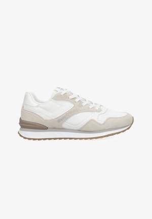 White and beige low-top sneaker with suede and leather panels, lace-up closure, and a ridged rubber sole.