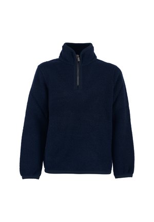 Pullover in pile blu navy con colletto alto e zip parziale sul davanti. Texture morbida, polsini e fondo elasticizzati. Nessun motivo visibile o accessorio.