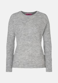 Helles graues Sweater aus strukturiertem Strick, mit Rundhalsausschnitt, langen Ärmeln und einer figurbetonten Passform mit einem subtilen diagonalen Muster.