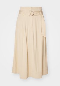 Jupe midi beige en tissu doux, avec une taille ceinturée, un design plissé et une silhouette évasée. Texture lisse avec des accents minimes.