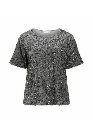 Kortærmet grå top dækket af perler med en rund halsudskæring. Stofstrukturen har en tekstureret, glitrende overflade.