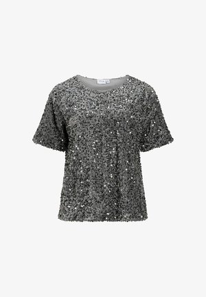 Short-sleeve, gray top covered in sequins with a crew neckline. The fabric has a textured, shimmering surface.
