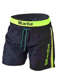 Schwarze Badeshorts mit einem neongrünen Bund, der mit "BEactive" beschriftet ist. Zu den Merkmalen gehören ein Kordelzugverschluss und seitliche Akzentstreifen in Gelb.