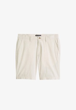 Shorts décontractés beiges avec côtés à taille élastique, fermeture avant par bouton, passants pour ceinture et poches latérales, de Marc O'Polo.