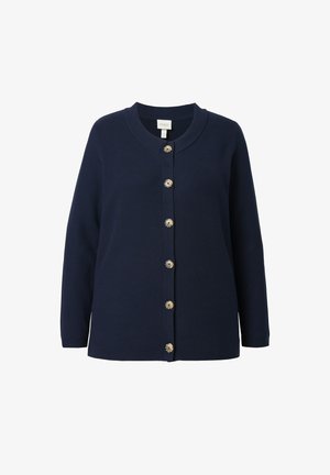 Navy knitted cardigan featuring a round neckline, long sleeves, and gold buttons down the front. Simple design with a textured finish.